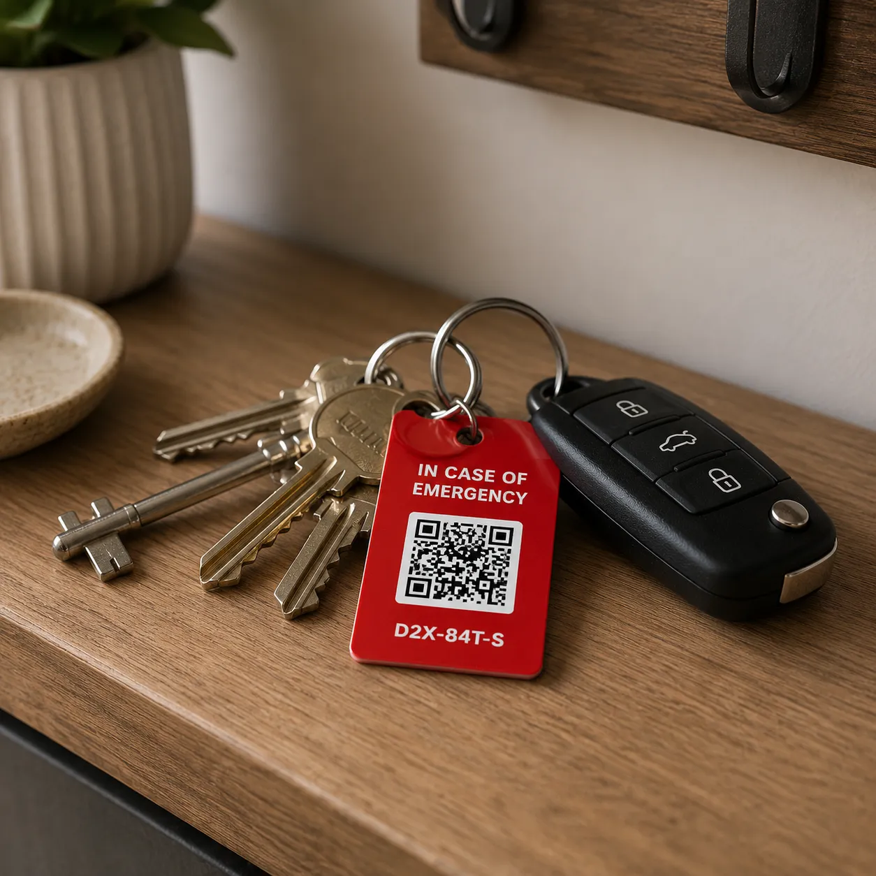 ICE Jar QR code keyring tag on a set of keys
